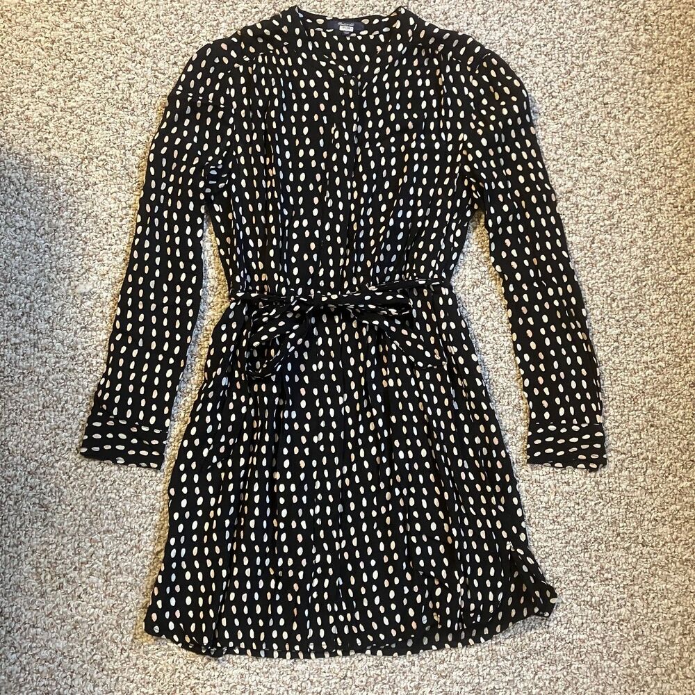Madewell Button Up Paint Dot Mini Dress Women Size M Tied Waist Long Sleeve